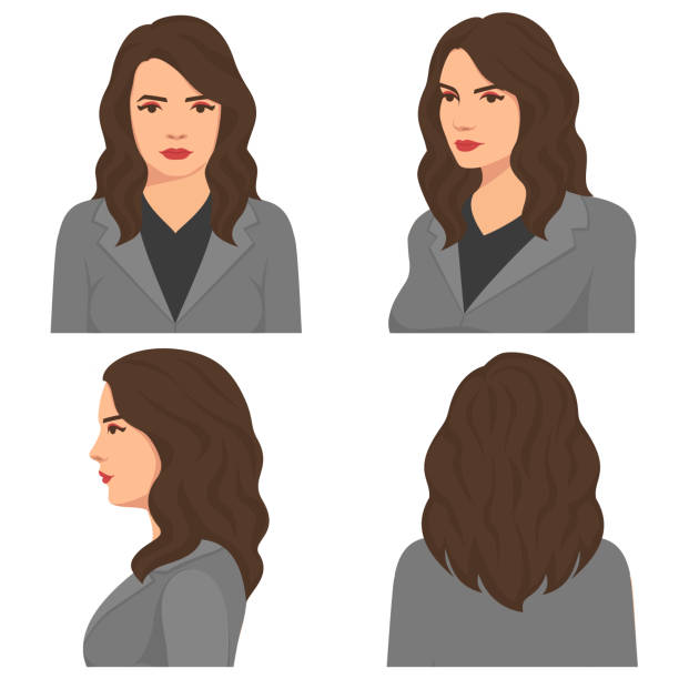 흰색 배경에 아름다운 여자 얼굴의 벡터 일러스트. 다양한 회전 머리. 앞면보기와 측면 뷰의 얼굴 - side view profile human face women stock illustrations