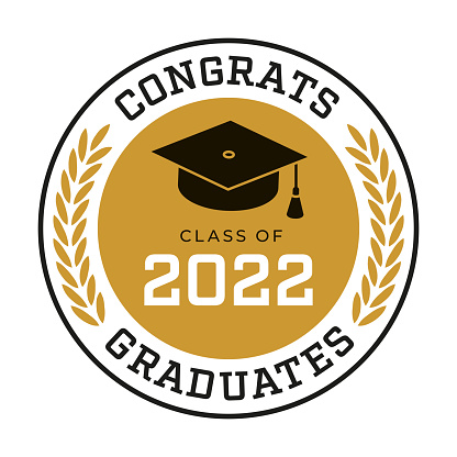 Class of 2022 in golden palm wreath, Congrats Graduates. Template for graduation design, party, invitation card, web banner, graduate yearbook. Vector illustration. Stock illustration