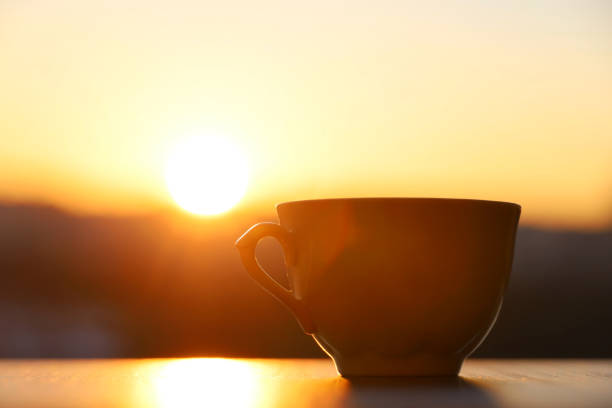 istock Silhouette of coffee or tea cup on sunrise background 1372777755