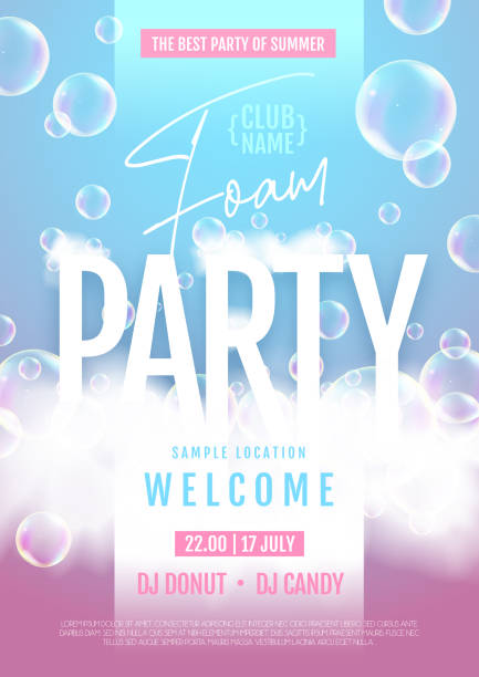 Disco foam party poster.  Soap foam with soap rainbow bubbles. Vector illustration Disco foam party poster.  Soap foam with soap rainbow bubbles. Vector illustration froth decoration stock illustrations