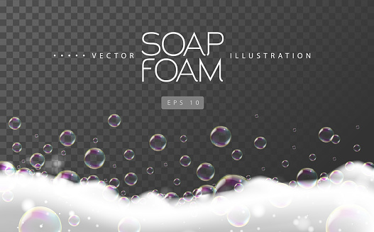 Soap foam with soap rainbow bubbles isolated on transparent background. Vector illustration