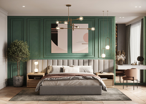 Digital image of an indoor bedroom space with a king size bed and art on the walls