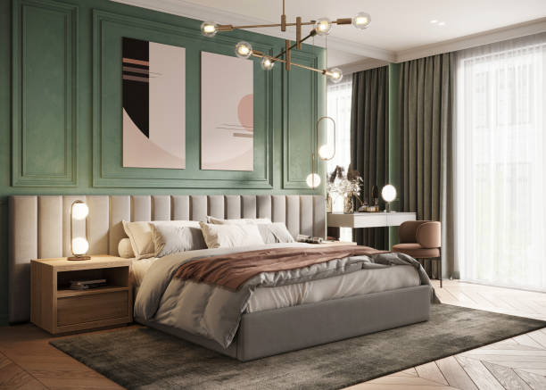 grafika komputerowa zabytkowego mieszkania ze sztuką - double bed headboard hotel room design zdjęcia i obrazy z banku zdjęć