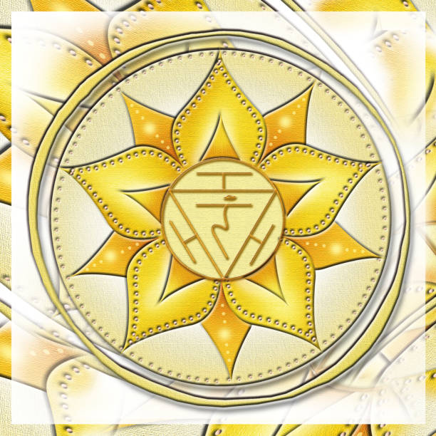 ilustraciones, imágenes clip art, dibujos animados e iconos de stock de símbolos de chakra, chakra del plexo solar - manipura - fuerza, personalidad, poder, determinación - "sí quiero" - om symbol lotus hinduism symbol