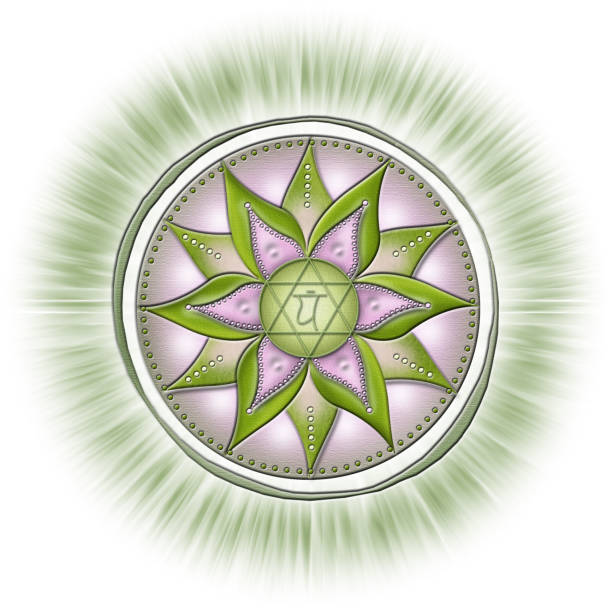 ilustraciones, imágenes clip art, dibujos animados e iconos de stock de símbolos de chakra, chakra del corazón - anahata - aceptación, amor, compasión, sinceridad - "amo" - om symbol lotus hinduism symbol