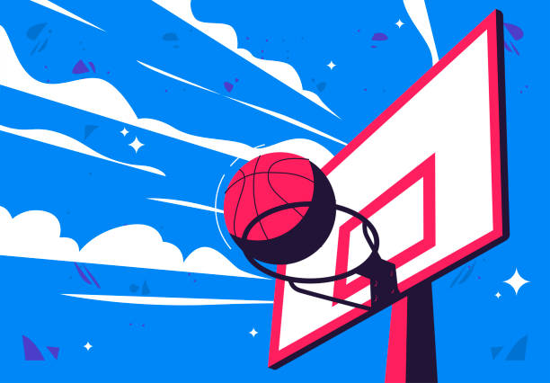 vektorabbildung eines basketballs mit einem basketballring auf einem himmelshintergrund mit wolken - basketball hoop illustrations stock-grafiken, -clipart, -cartoons und -symbole