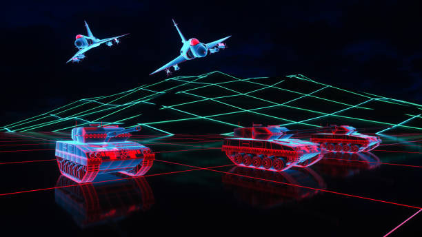 a neon glowing tank and fighter jet in a digital world (3d rendering)