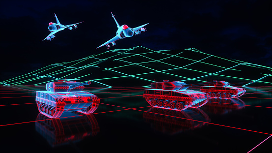 a neon glowing tank and fighter jet in a digital world (3d rendering)