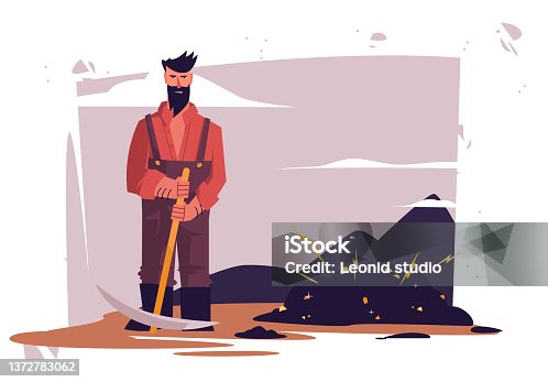 istock Vector illustration of a miner with a pickaxe for gold mining in the mountains, gold mining 1372783062