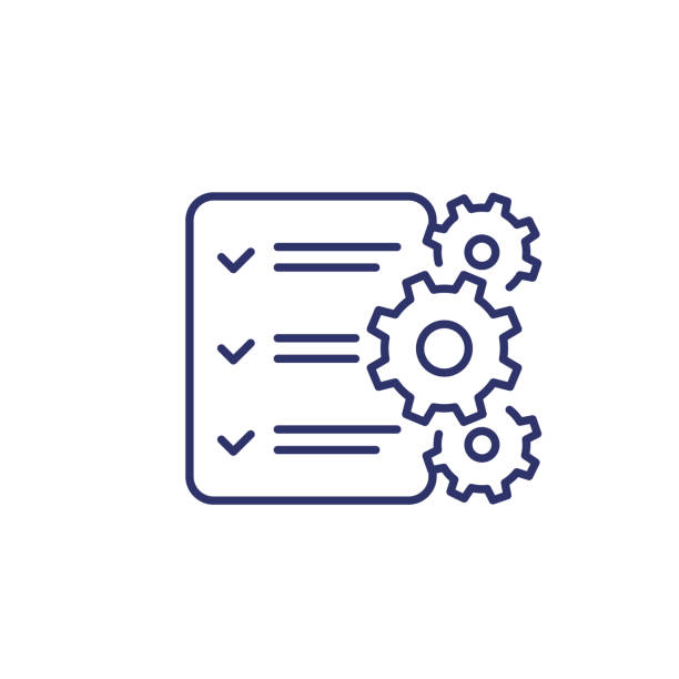 ilustraciones, imágenes clip art, dibujos animados e iconos de stock de icono de línea de procedimientos con lista de comprobación - tarea doméstica