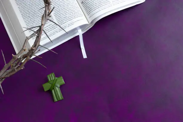 Border of open white bible, partial crown of thorns and small palm leaf cross on a dark purple background with copy space shot from above