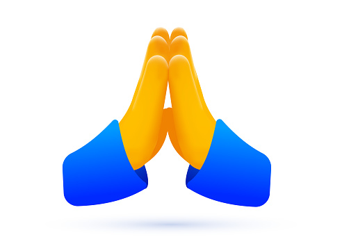 Vector illustration of yellow color folded hand emoticon on white background. 3d style design of praying hand emoji for social media message