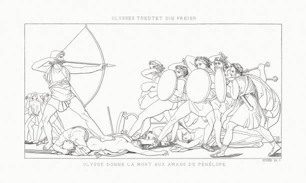 Ulysses killing the suitors (Odyssey), steel engraving, published in 1833 vector art illustration