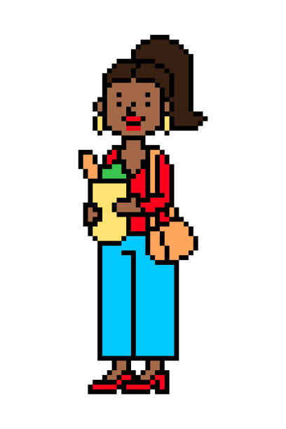 czarna kobieta po zakupach w supermarkecie niosąca papierową torbę z jedzeniem, postać pixel art wyizolowana na białym tle. klient sklepu spożywczego, postać dziewczyny. 8-bitowy automat do gier, grafika gier wideo. - female 80 plus years vertical people stock illustrations