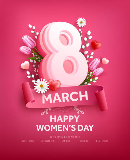 8 행진 여성의 날 포스터 또는 분홍색 배경에 꽃과 달콤한 마음이 배너. 사랑과 여성의 날 컨셉을 위한 프로모션 및 쇼핑 템플릿 - women's day stock illustrations