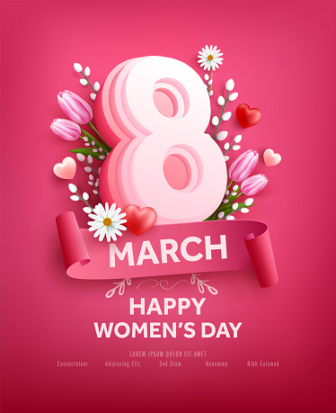 istock 8 march women's day Poster or banner with flower and sweet hearts on pink background.Promotion and shopping template for Love and women's day concept 1372794032