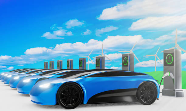 Electric car ev charger station. New car uses the concept of clean technology. Powered by electricity, wind turbines. Cars and chargers on the ground. clear sky nature clear white clouds City of the future. 3D rendering estación de cargador de coche eléctrico ev. el nuevo automóvil utiliza el concepto de tecnología limpia. alimentado por electricidad, turbinas eólicas. coches y cargadores en el suelo. cielo despejado naturaleza claras nubes blancas ciudad del futuro.
