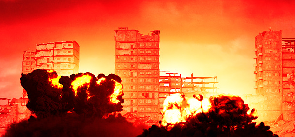 Digitally generated post apocalyptic scene depicting a desolate urban landscape with buildings in ruins and a rusty abandoned MBT (main battle tank).\n\nA conventional or nuclear war destroys communities and families and often disrupts the development of the social and economic fabric of nations. The effects of war include long-term physical and psychological harm to children and adults, as well as reduction in material and human capital.\n\nThe scene was created in Autodesk® 3ds Max 2022 with V-Ray 5 and rendered with photorealistic shaders and lighting in Chaos® Vantage with some post-production added.