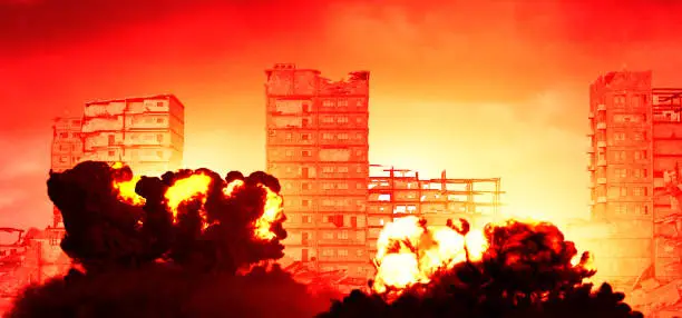 Explosions caused by missiles of buildings and homes. War. 3d rendering