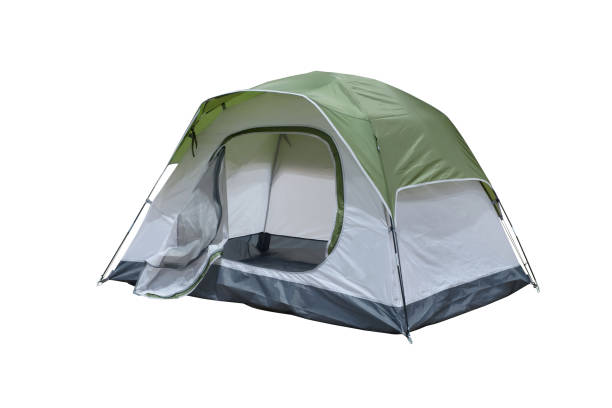 白い背景に隔離された屋外旅行でキャンプのためのオープン中型の観光テント - tent camping dome tent single object ストックフォトと画像