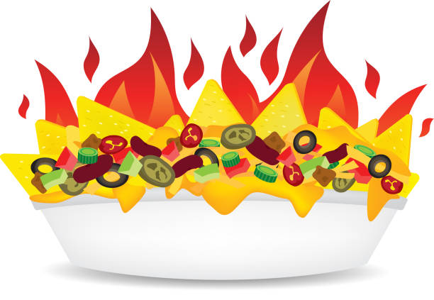 illustrazioni stock, clip art, cartoni animati e icone di tendenza di fuoco delizioso supreme formaggio caricato messicano nachos piatto vista laterale illustrazione - cheesy grin illustrations