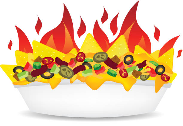 Delicous fire Supreme loaded cheese mexican nachos plate side view illustration Delicous fire Supreme loaded cheese mexican nachos plate side view illustration vector nacho chip stock illustrations