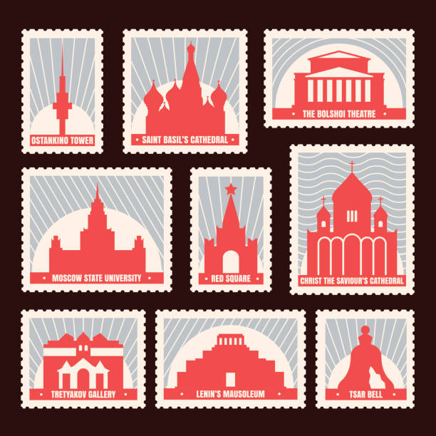 Moscow Symbols Stamps Set Set of Moscow historic sights post stamps. Red square, Saint Basils Cathedral, Bolshoi Theatre, Ostankino Tower. Soviet retro design for your touristic poster, t-shirt, card or web. kremlin stock illustrations