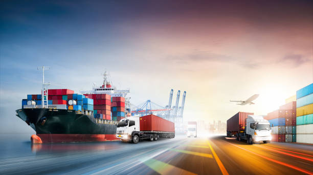 istock Global business logistics import export and container cargo freight ship, cargo plane, container truck on highway at port shipping dock yard background with copy space, transportation industry concept 1372802883