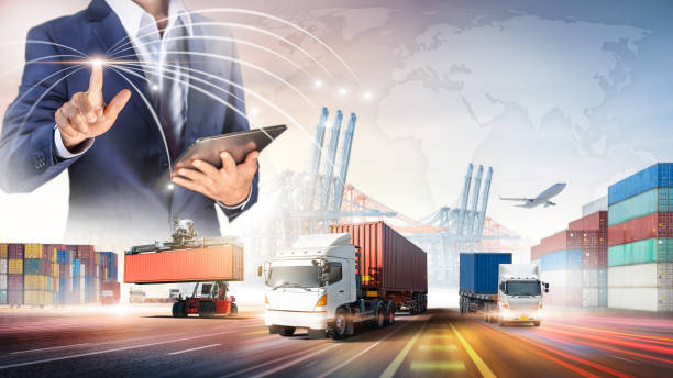 istock Businessman touching virtual screen world map of Global logistics network distribution, Container cargo freight ship at industrial port for logistics Import export background, Smart technology concept 1372802958
