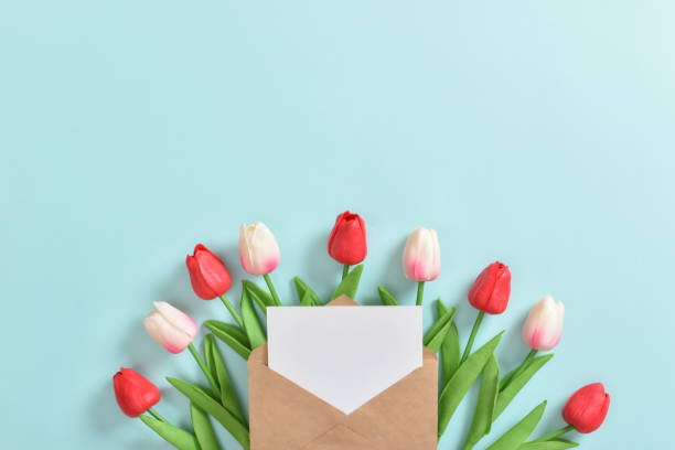 istock A festive banner with tulips and an envelope on a light blue background. 1372805104