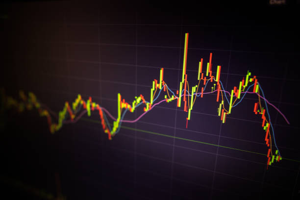 Digital screen with financial trading chart and market quotes and statistics showing cryptocurrency price trend. Technical price candlestick chart graph and indicator stock online trading. Forex investment business illustration.