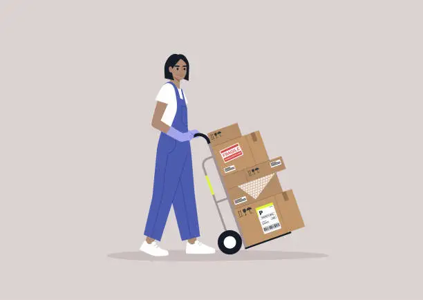 Vector illustration of A young storage worker in denim overalls rolling a cart loaded with cardboard boxes, delivery service, cargo shipment