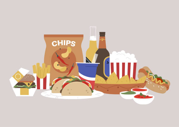 illustrations, cliparts, dessins animés et icônes de un ensemble de restauration rapide, des sandwichs, des croustilles, des frites français, des sodas, de la bière, du maïs soufflé, des nachos et des sauces - mustard bottle sauces condiment