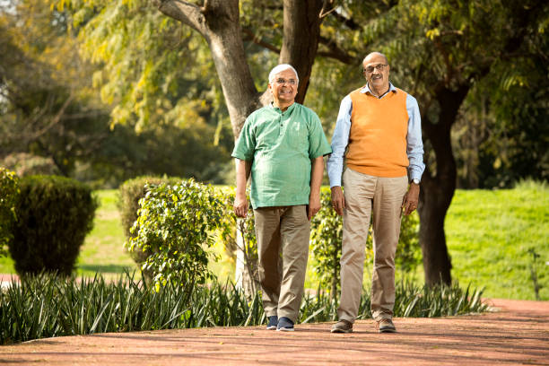 Two happy senior male friends spending leisure time at park Two happy senior male friends spending leisure time at park indian man walking in park stock pictures, royalty-free photos & images