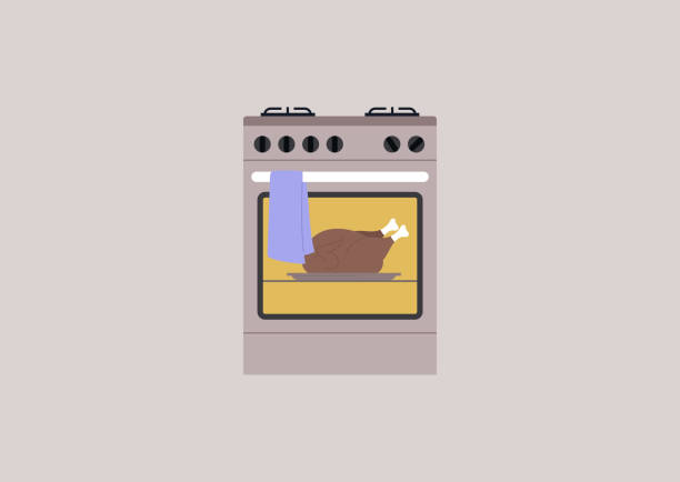 ilustrações de stock, clip art, desenhos animados e ícones de an isolated image of a kitchen oven with a turkey baking inside - oven