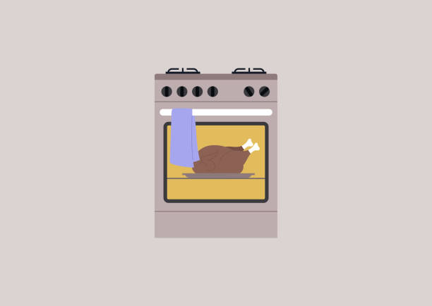 An isolated image of a kitchen oven with a turkey baking inside An isolated image of a kitchen oven with a turkey baking inside oven stock illustrations
