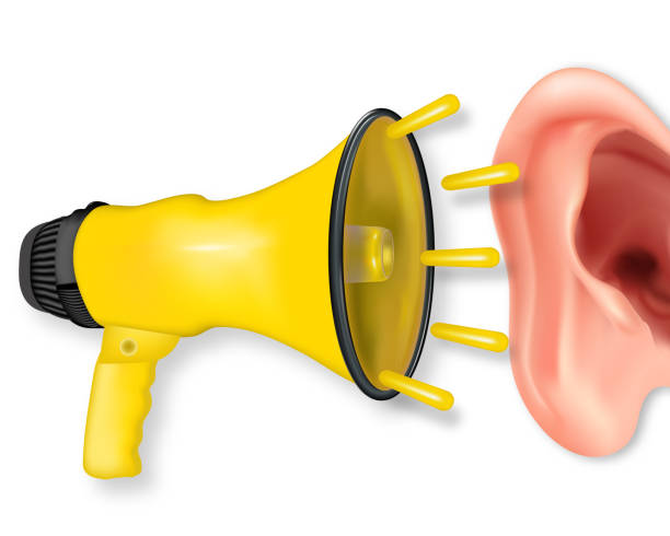 istock Realistic 3d yellow megaphone, loudspeaker with human ear as announcement and Marketing time concept. Vector illustration 1372812613