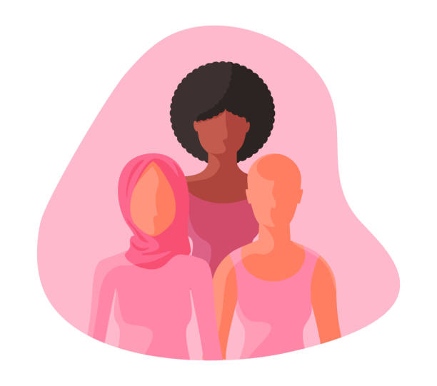 Interracial group of three women with pink ribbons together. vector art illustration