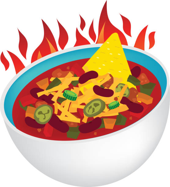 stockillustraties, clipart, cartoons en iconen met delicous fire loaded chili con carne bowl cheese mexican  illustration - chili fire