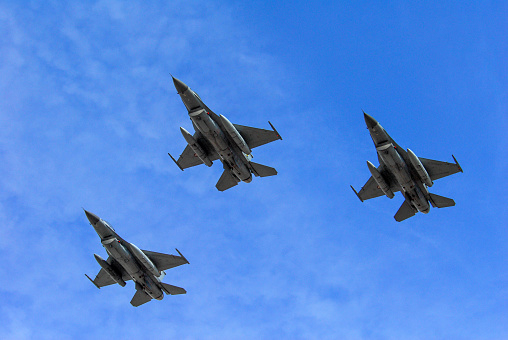 Dolgellau, United Kingdom – March 02, 2022: A closeup shot of a F15 flying in the Mach Loop Wales