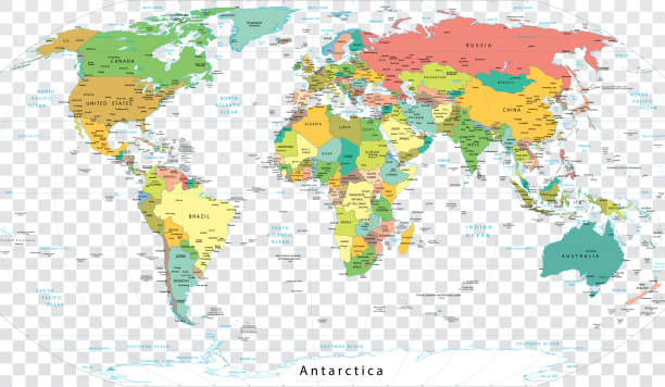 Detailed World Political Map - Every Country has Own Color Detailed Illustration of the World Map on Transparent Background. Names for All Countries and Islands. Reference: http://www.lib.utexas.edu/maps/world.html (Public Domain PCL Map Collection). country geographic area stock illustrations