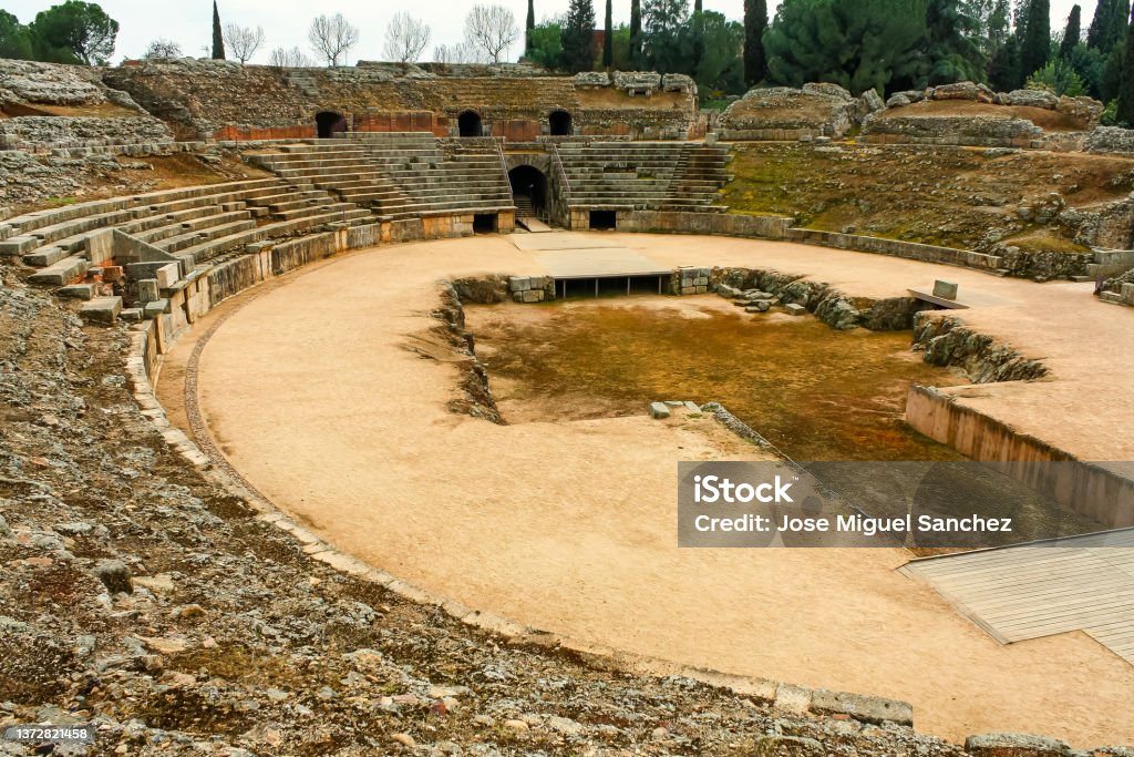 Very old Roman circus in the world heritage city of Merida, Bajadoz. Amphitheater Stock Photo