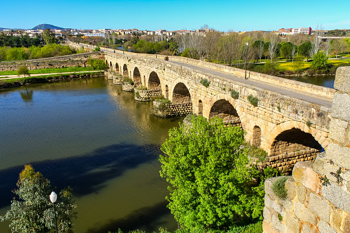 Aerial view of the Roman bridge crossing the Guadiana river in the Roman city of Merida, Spain.