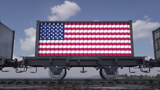 Containers with the flag of USA. American railway transportation. 3d rendering.