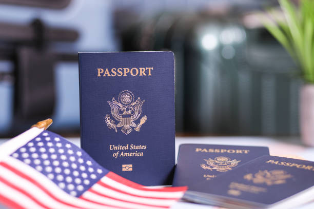 istock Travel: USA Passports, American flag. 1372829877