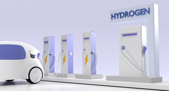 Hydrogen fuel vehicle charging station. Modern electric car with battery and power cable supply plugged, eco friendly transport with no emissions. Concept of green energy, 3d render illustration.