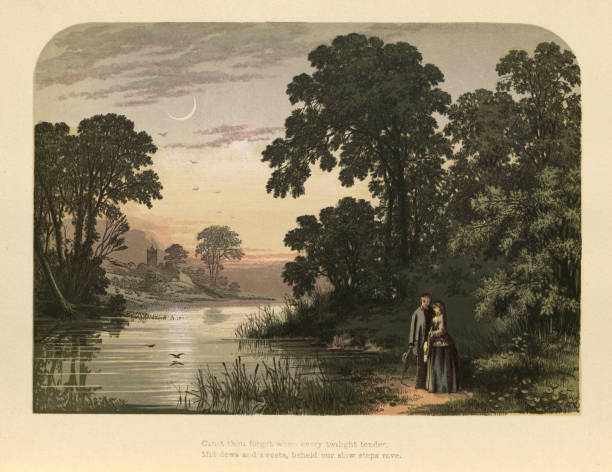 Young couple in love, walking by river, in twilight, Victorian, 19th Century vector art illustration