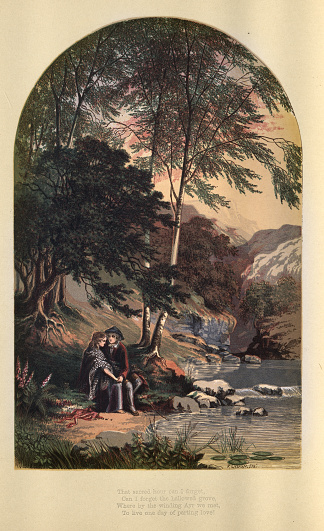 Vintage illustration of Young couiple in love holding hands by river, Victorian art, 19th Century