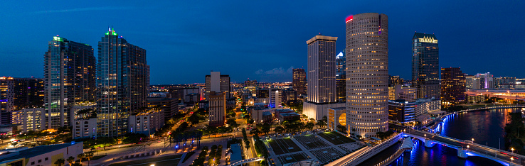 Aerial view of the illuminated Downtown Tampa Skyline in the night. Extra-large, high-resolution stitched panorama.