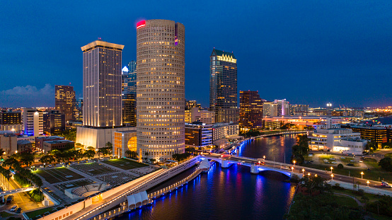 Aerial view of the illuminated Downtown Tampa Skyline in the night.